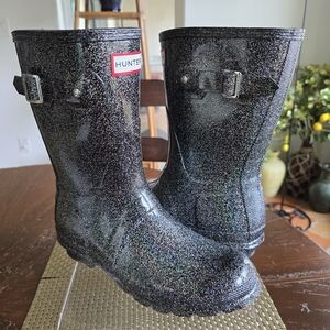 EUC Hunter Black Glitter Rain Boots 7